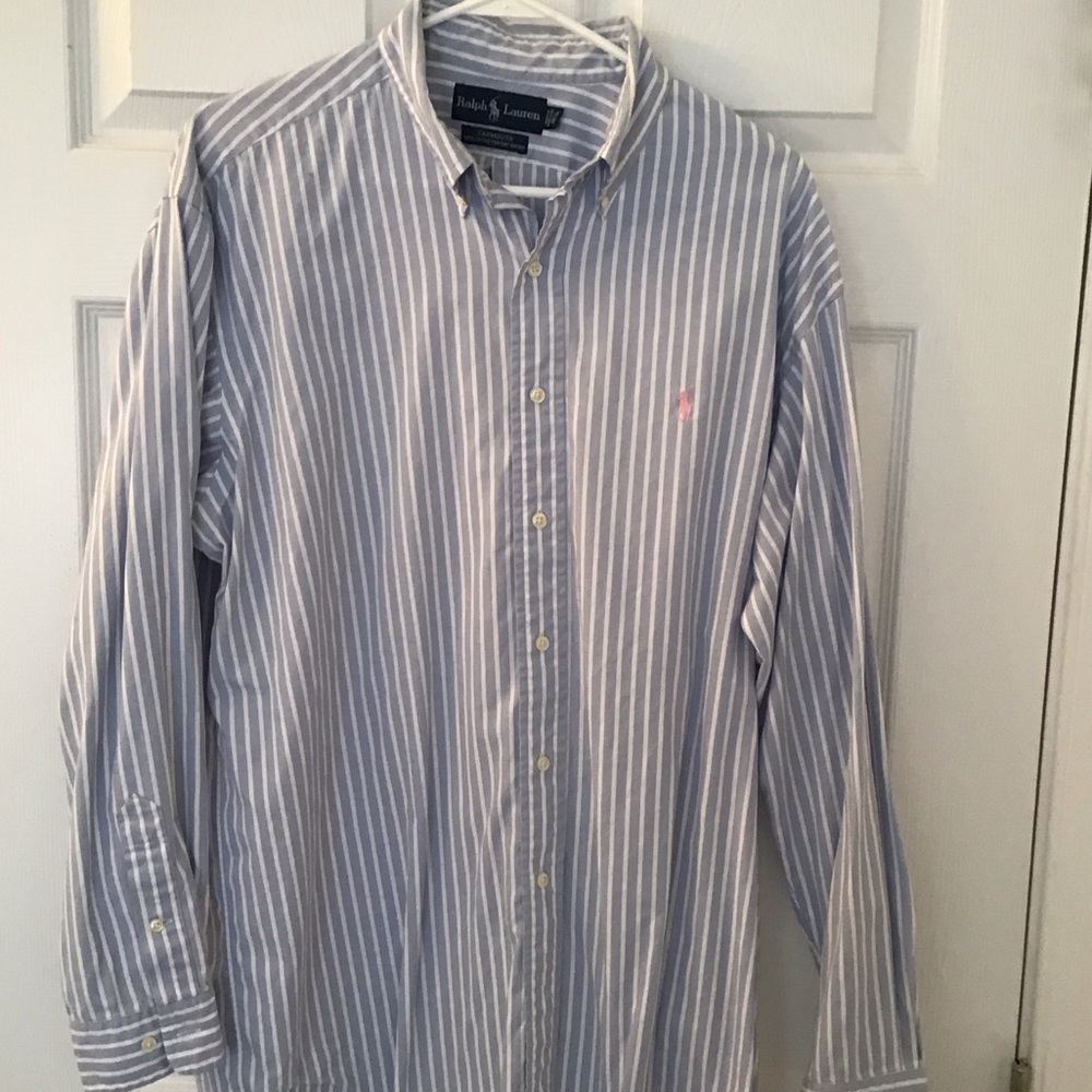 Ralph Lauren Men's Blue and White Striped Button Down Shirt